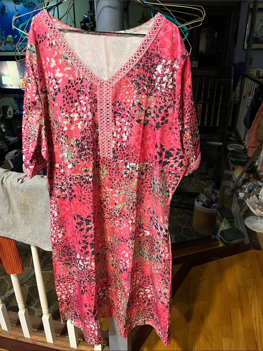 Pink V-Neck Printed Embroidered Tunic